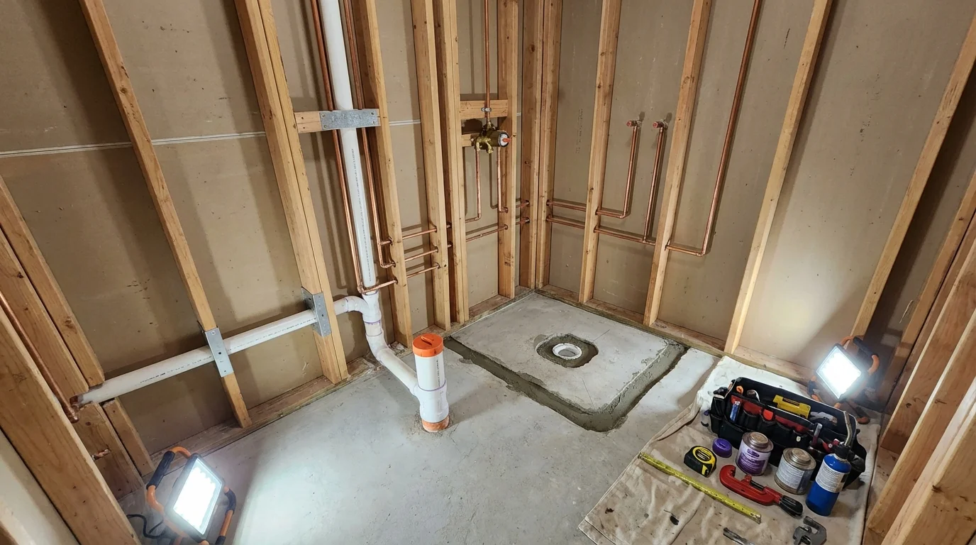 Bathroom rough-in plumbing during remodel by Johns Plumbing LLC in Maple Valley
