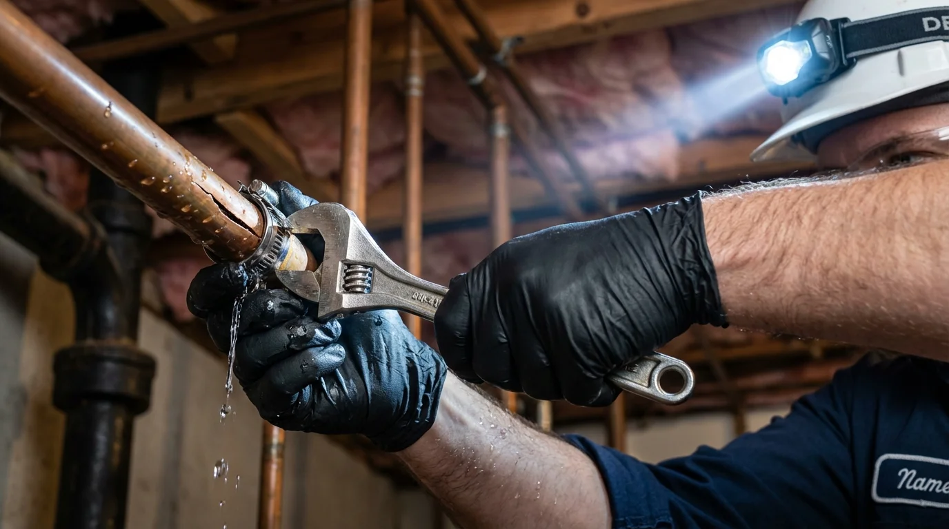 Emergency pipe clamp repair being performed by a Johns Plumbing LLC plumber in Maple Valley
