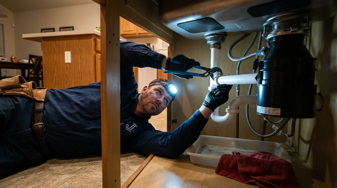 P-trap and supply line connections under a kitchen sink showing a common leak point in Maple Valley, WA